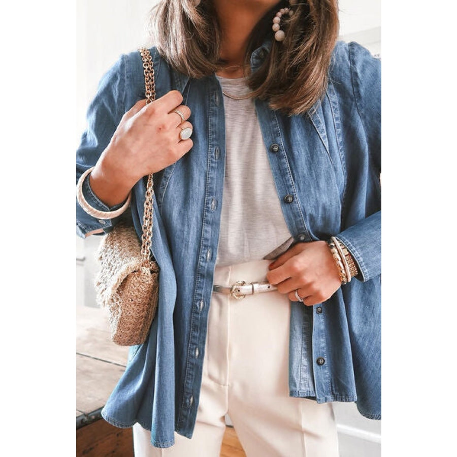 Button Up Collared Neck Denim Jacket Clothing
