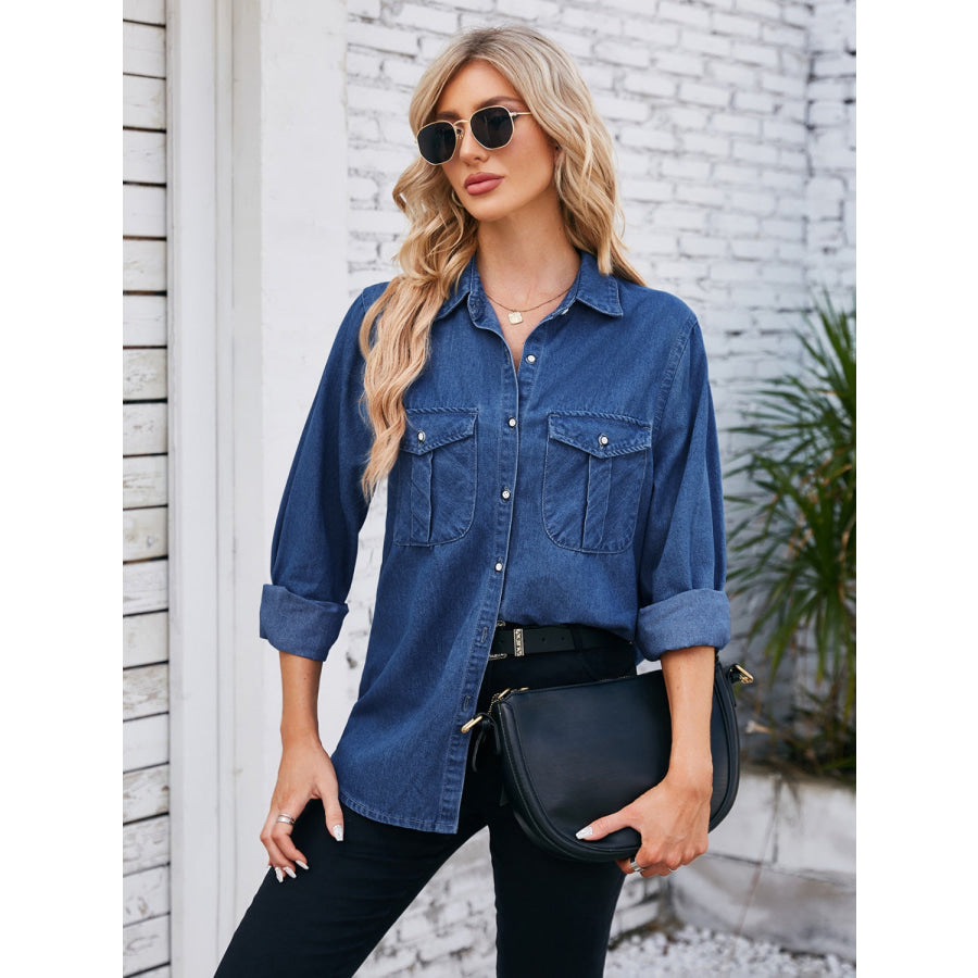 Button Up Collared Neck Denim Jacket Navy / S Apparel and Accessories