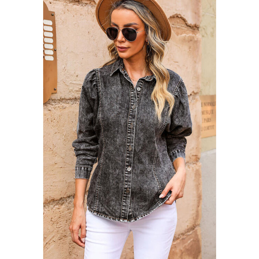 Button Up Collared Neck Denim Top Apparel and Accessories