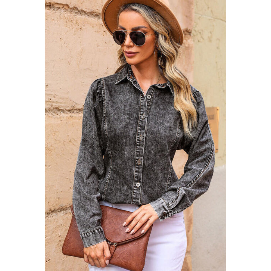 Button Up Collared Neck Denim Top Apparel and Accessories