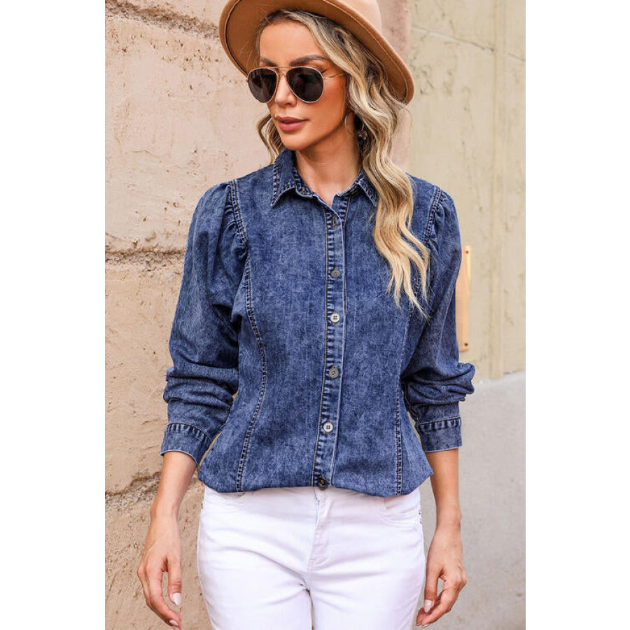 Button Up Collared Neck Denim Top Apparel and Accessories