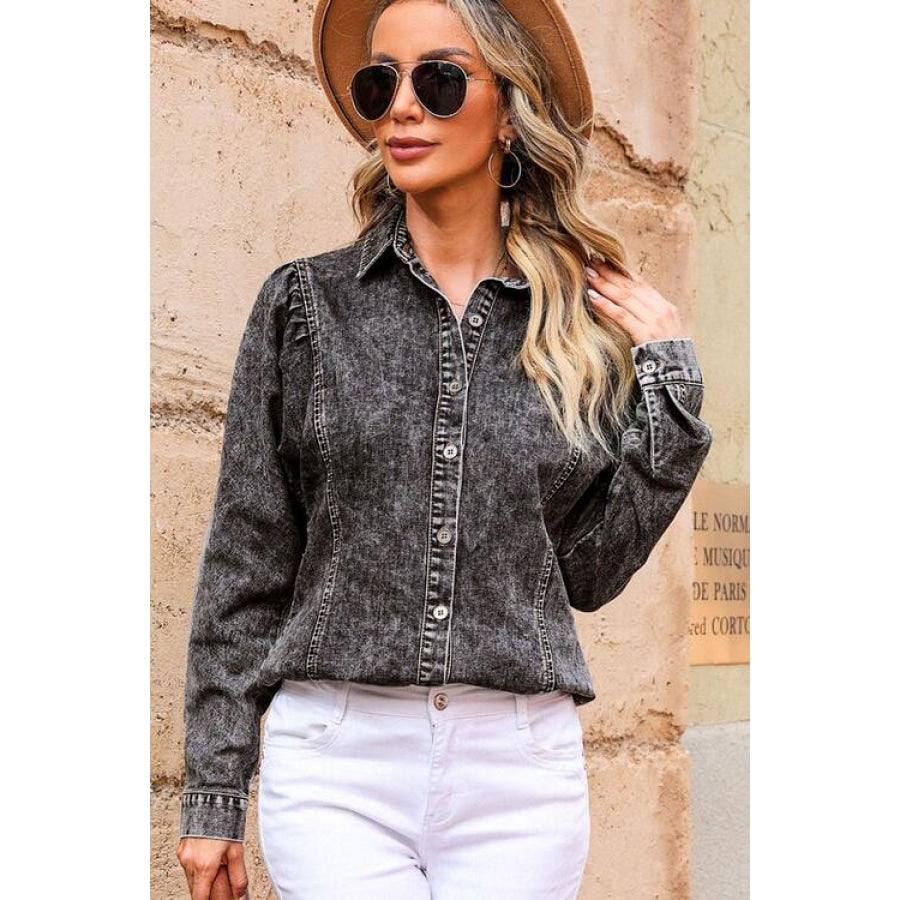 Button Up Collared Neck Denim Top Apparel and Accessories