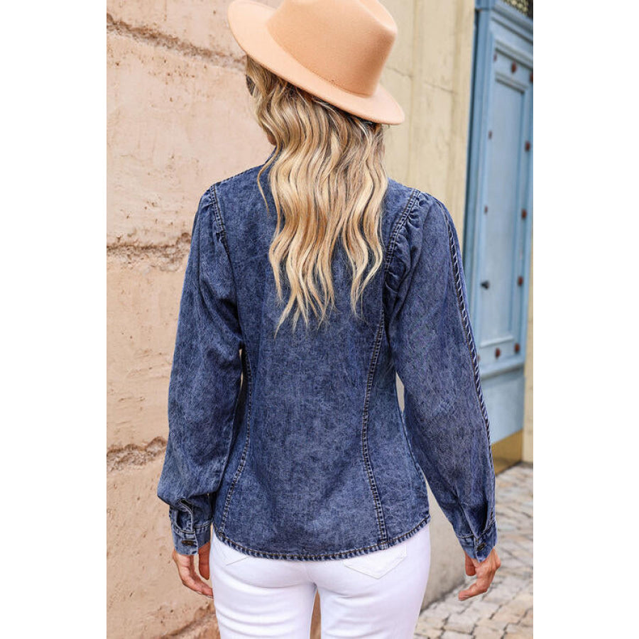 Button Up Collared Neck Denim Top Apparel and Accessories