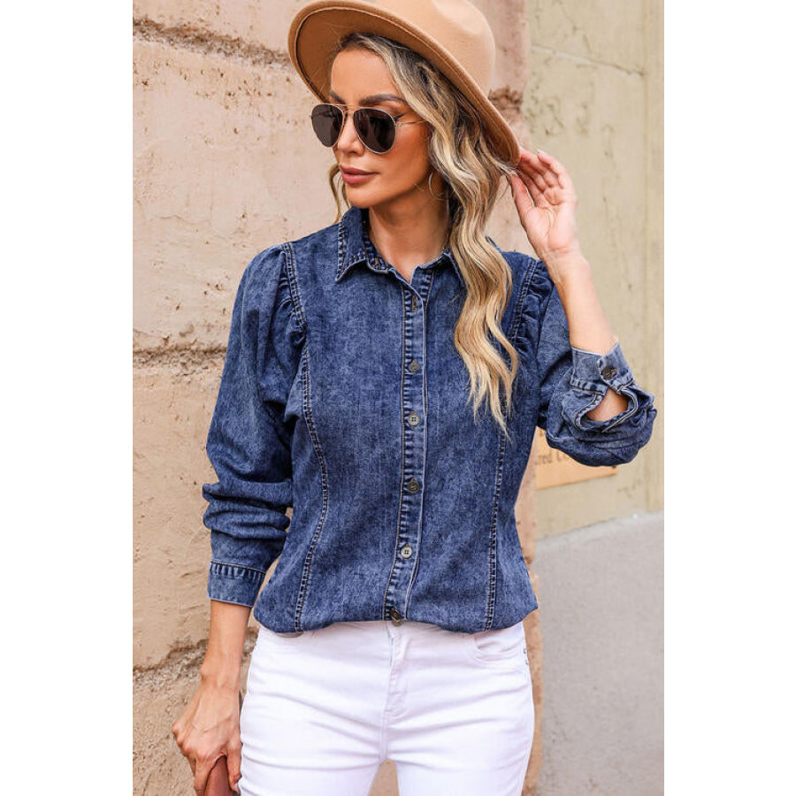 Button Up Collared Neck Denim Top Apparel and Accessories