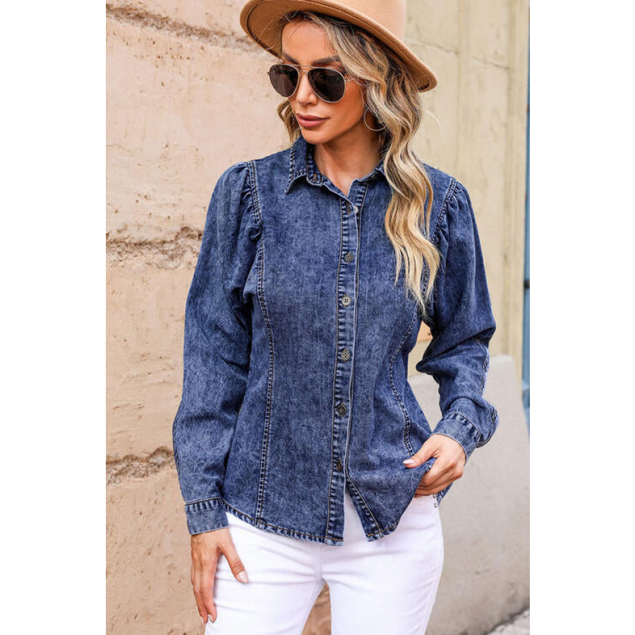 Button Up Collared Neck Denim Top Medium / S Apparel and Accessories