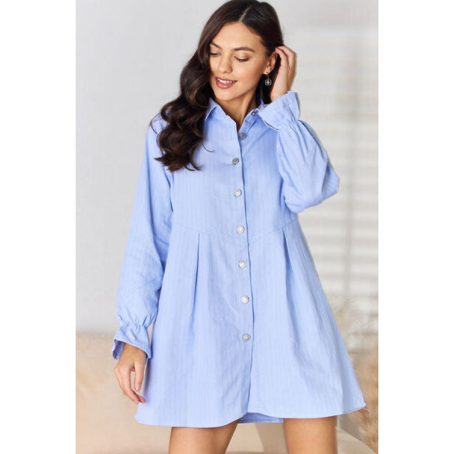 Button Up Collared Neck Flounce Sleeve Denim Dress Misty Blue / S Apparel and Accessories