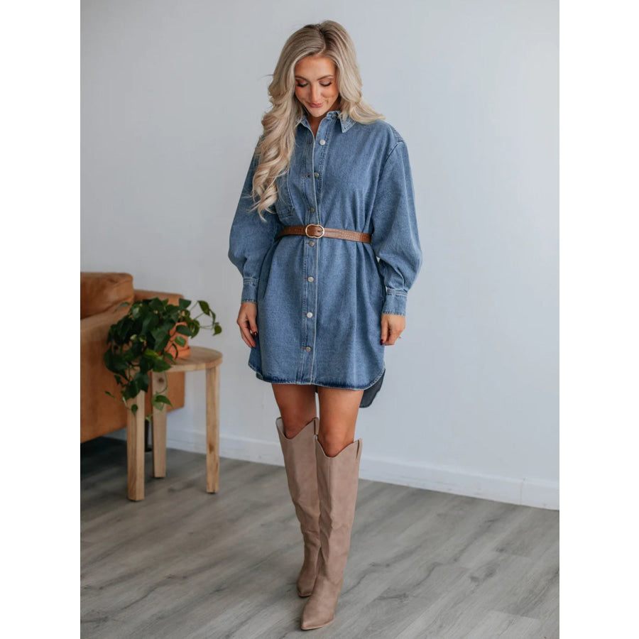 Button Up Collared Neck Long Sleeve Denim Dress Apparel and Accessories