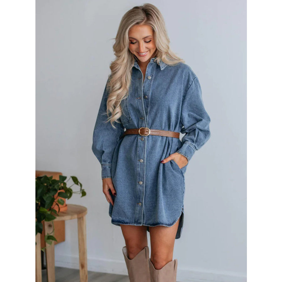 Button Up Collared Neck Long Sleeve Denim Dress Apparel and Accessories