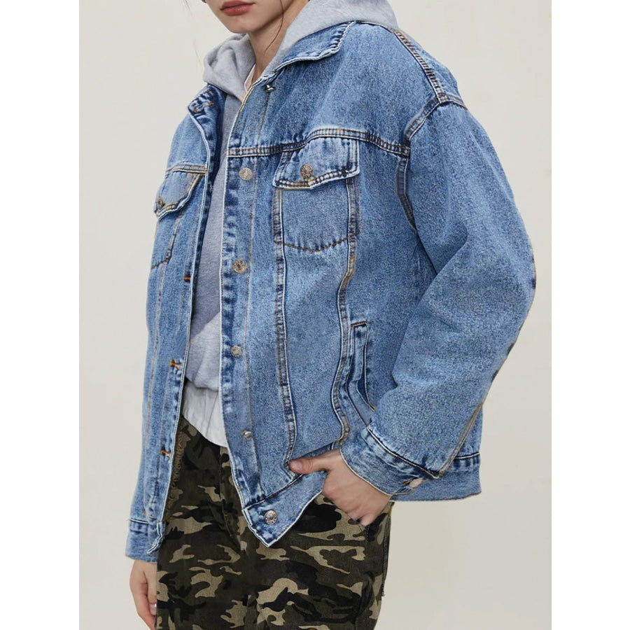 Button Up Collared Neck Long Sleeve Denim Jacket Apparel and Accessories