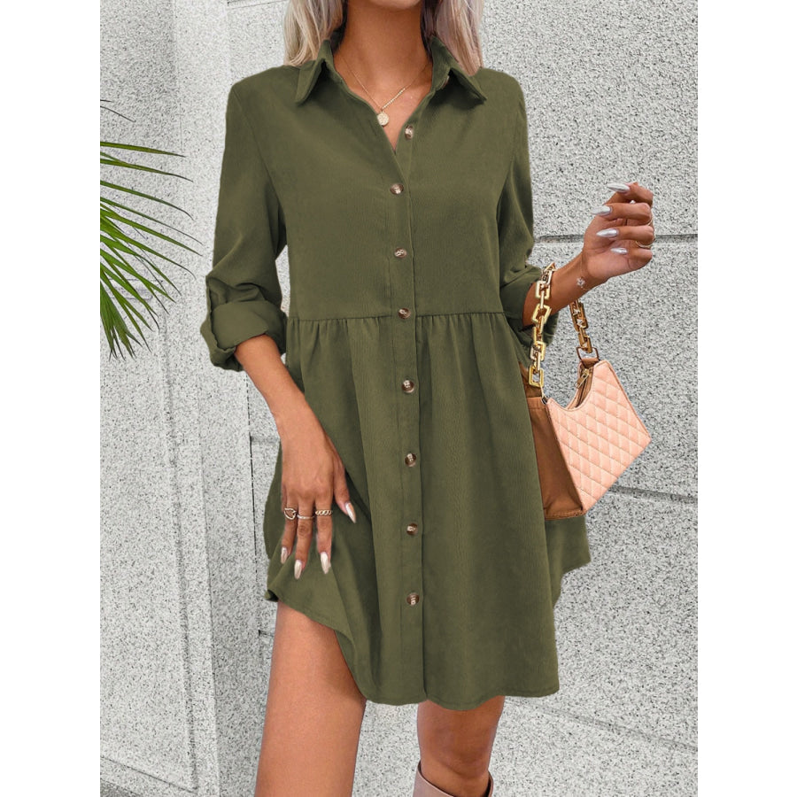 Button Up Collared Neck Long Sleeve Dress Apparel and Accessories