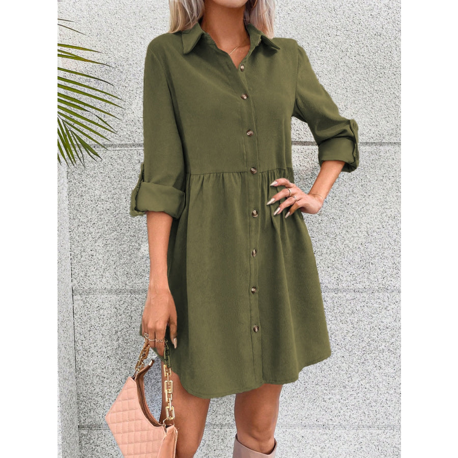 Button Up Collared Neck Long Sleeve Dress Apparel and Accessories