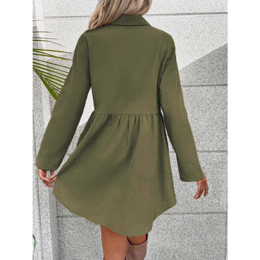 Button Up Collared Neck Long Sleeve Dress Army Green / S Apparel and Accessories