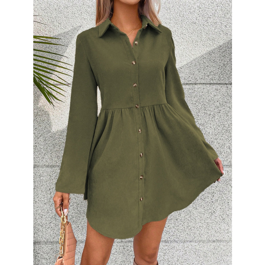 Button Up Collared Neck Long Sleeve Dress Apparel and Accessories