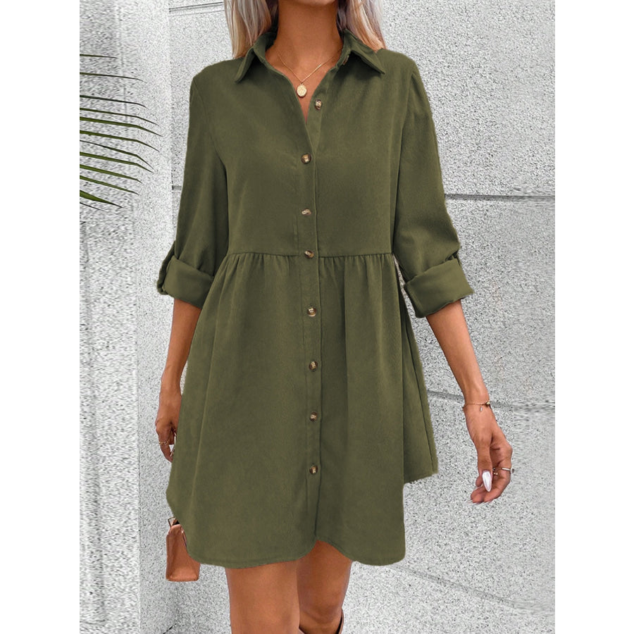 Button Up Collared Neck Long Sleeve Dress Army Green / S Apparel and Accessories