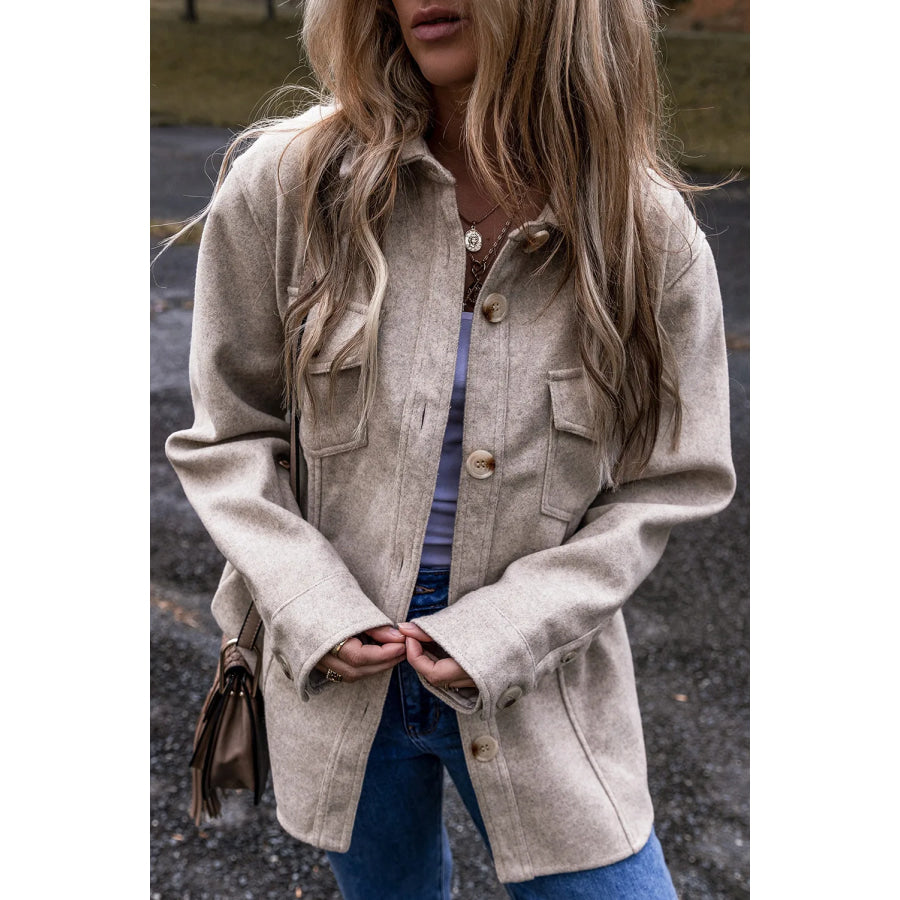 Button Up Collared Neck Long Sleeve Jacket Dust Storm / S Apparel and Accessories