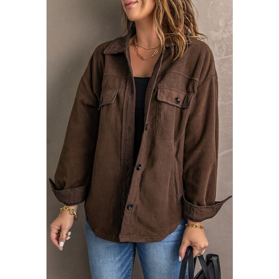 Button Up Collared Neck Long Sleeve Jacket Chestnut / S Clothing