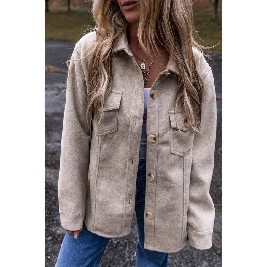 Button Up Collared Neck Long Sleeve Jacket Dust Storm / S Apparel and Accessories