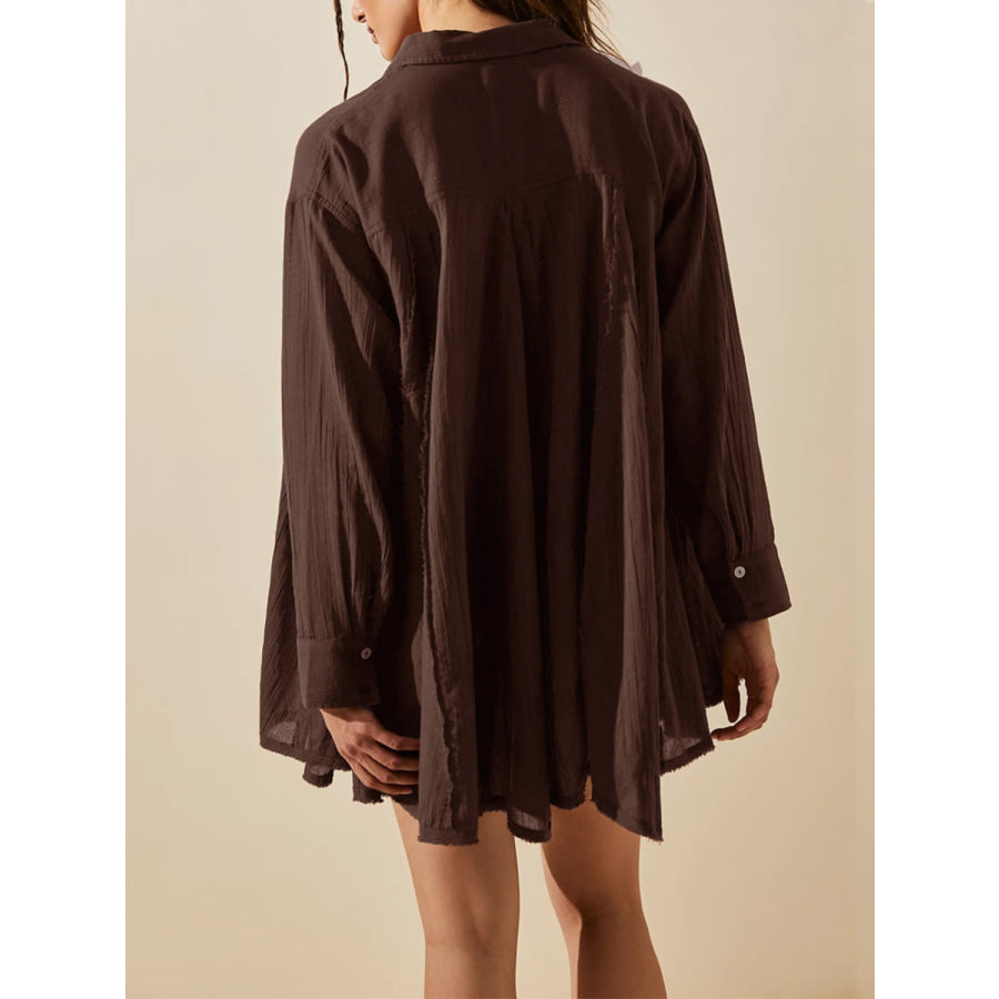 Button Up Collared Neck Long Sleeve Longline Shirt Apparel and Accessories