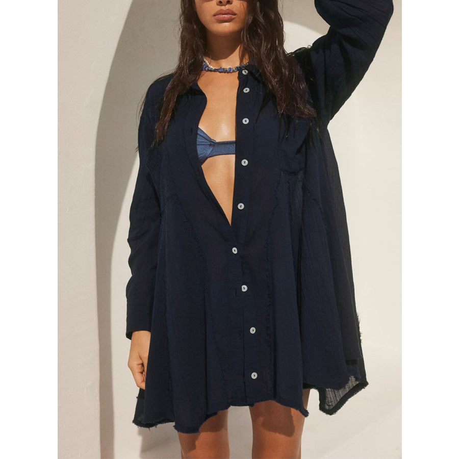 Button Up Collared Neck Long Sleeve Longline Shirt Dark Navy / S Apparel and Accessories