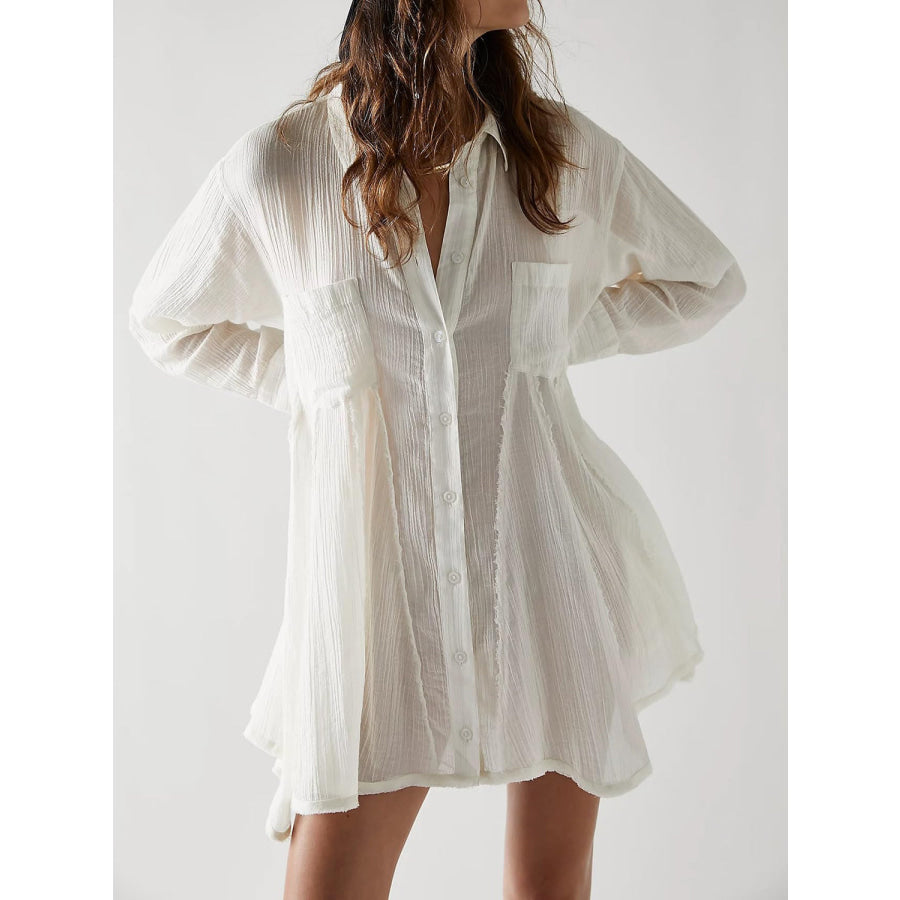 Button Up Collared Neck Long Sleeve Longline Shirt White / S Apparel and Accessories