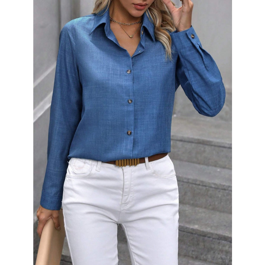 Button Up Collared Neck Long Sleeve Shirt Apparel and Accessories