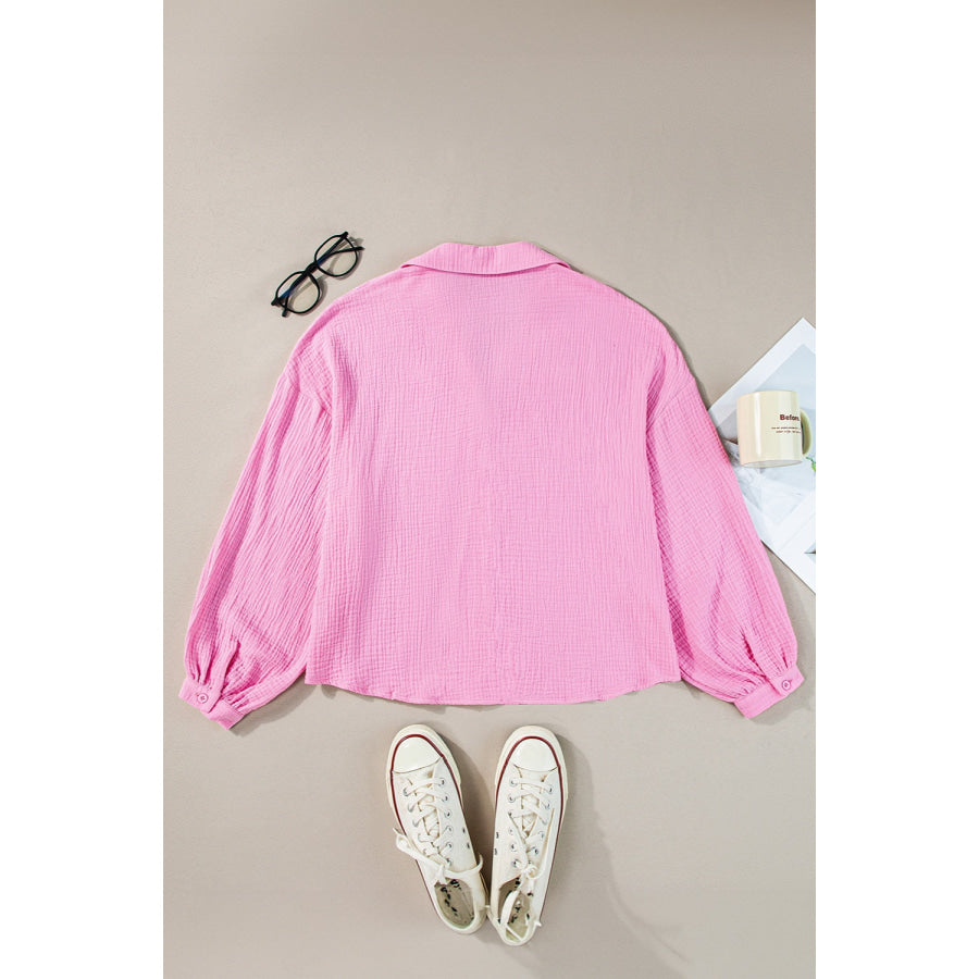 Button Up Collared Neck Long Sleeve Shirt Apparel and Accessories
