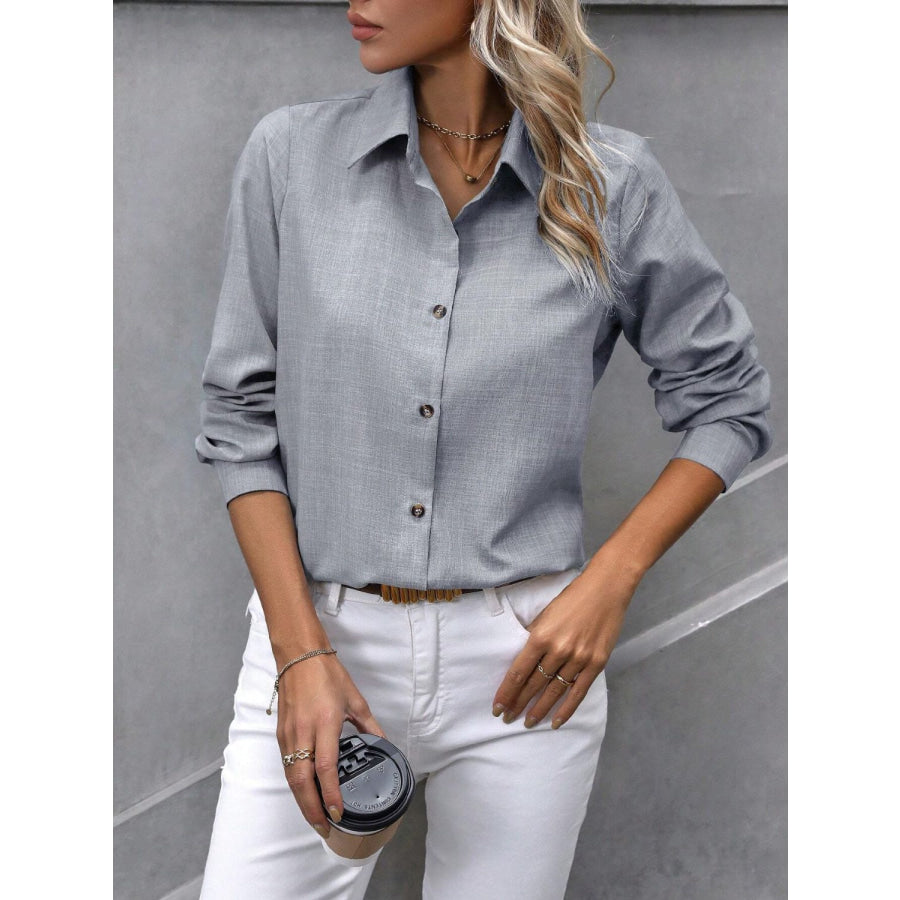 Button Up Collared Neck Long Sleeve Shirt Apparel and Accessories