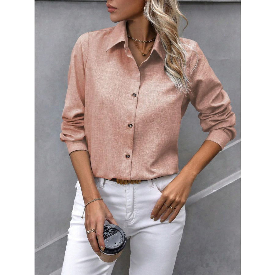 Button Up Collared Neck Long Sleeve Shirt Apparel and Accessories