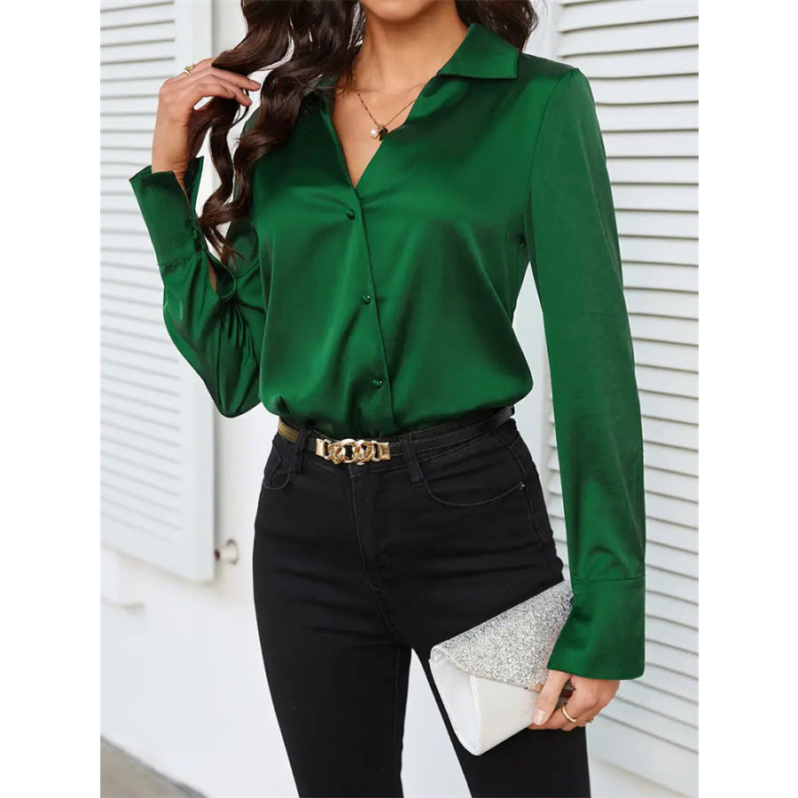 Button Up Collared Neck Long Sleeve Shirt Apparel and Accessories