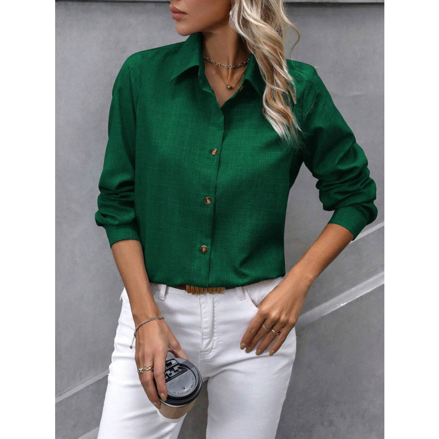 Button Up Collared Neck Long Sleeve Shirt Apparel and Accessories