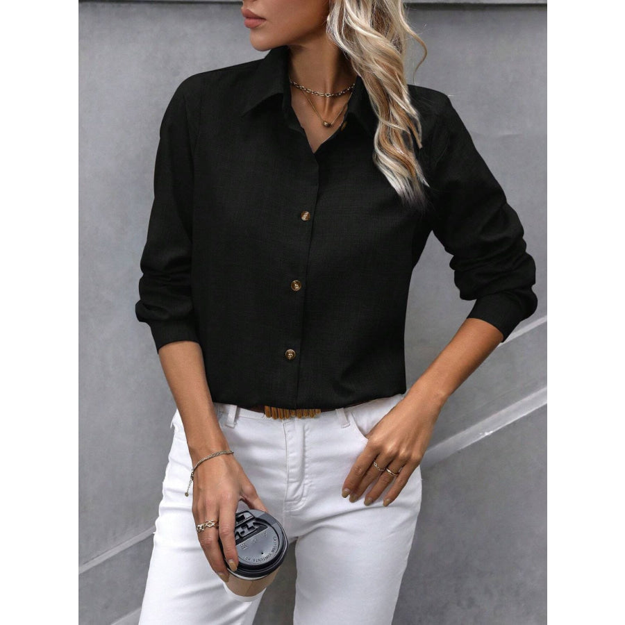 Button Up Collared Neck Long Sleeve Shirt Apparel and Accessories