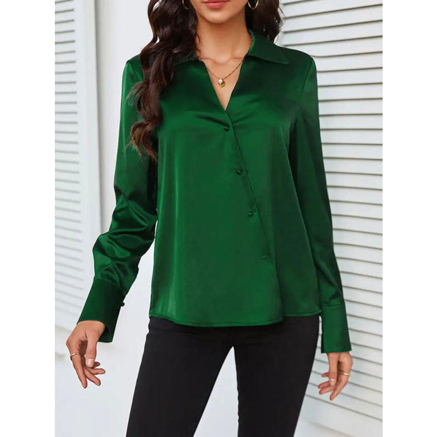 Button Up Collared Neck Long Sleeve Shirt Dark Green / S Apparel and Accessories