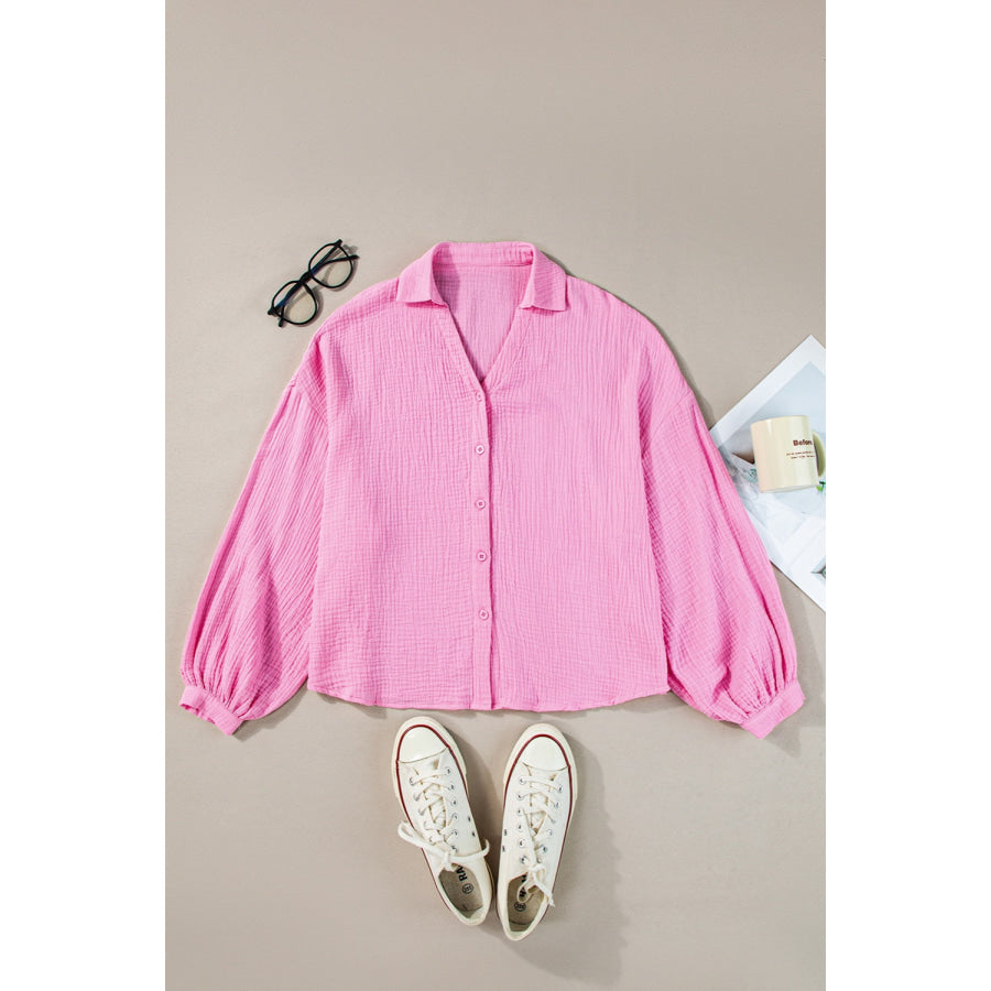 Button Up Collared Neck Long Sleeve Shirt Apparel and Accessories