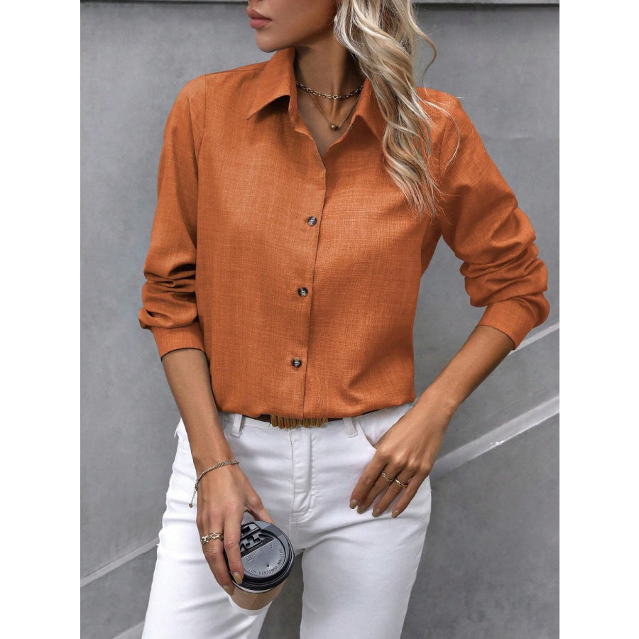 Button Up Collared Neck Long Sleeve Shirt Apparel and Accessories