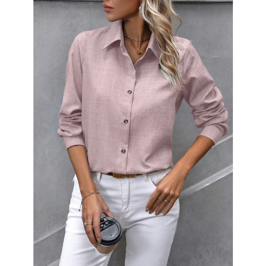 Button Up Collared Neck Long Sleeve Shirt Apparel and Accessories