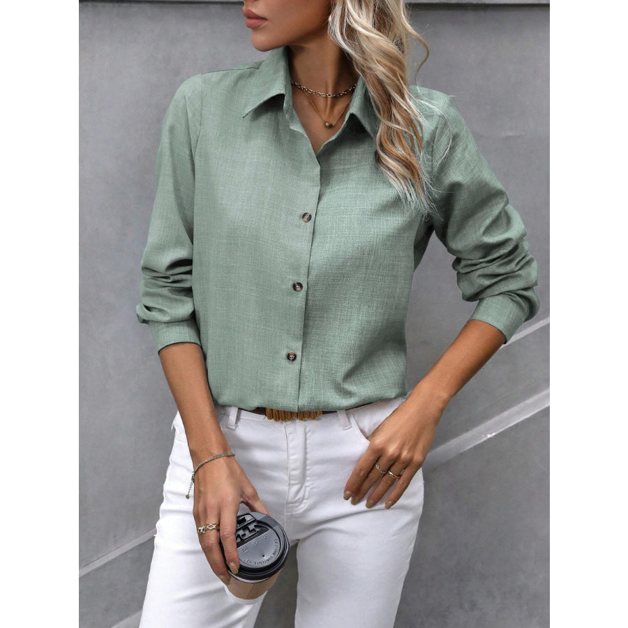 Button Up Collared Neck Long Sleeve Shirt Apparel and Accessories