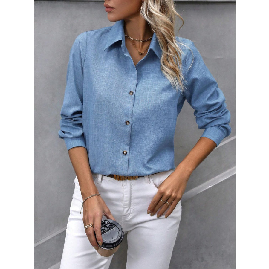 Button Up Collared Neck Long Sleeve Shirt Apparel and Accessories