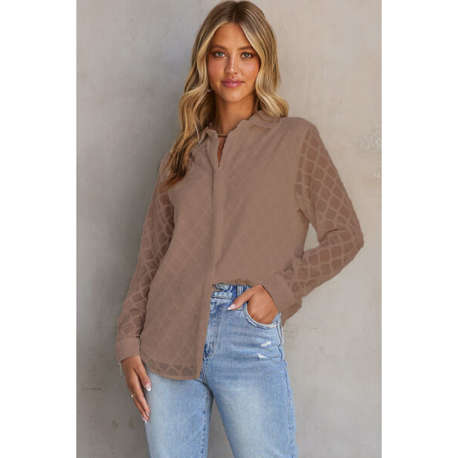 Button Up Collared Neck Long Sleeve Shirt Taupe / S Apparel and Accessories
