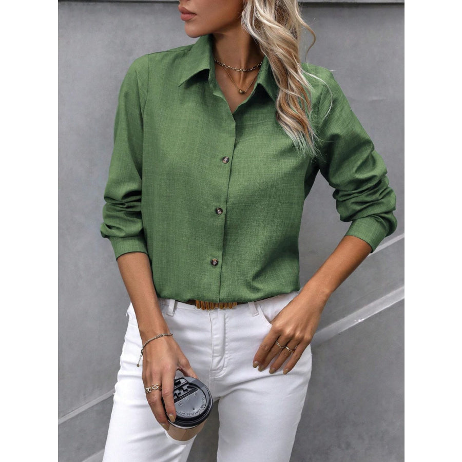 Button Up Collared Neck Long Sleeve Shirt Apparel and Accessories