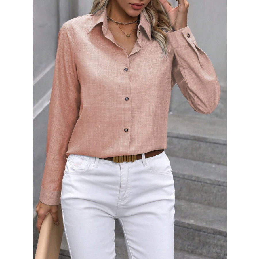 Button Up Collared Neck Long Sleeve Shirt Apricot / S Apparel and Accessories