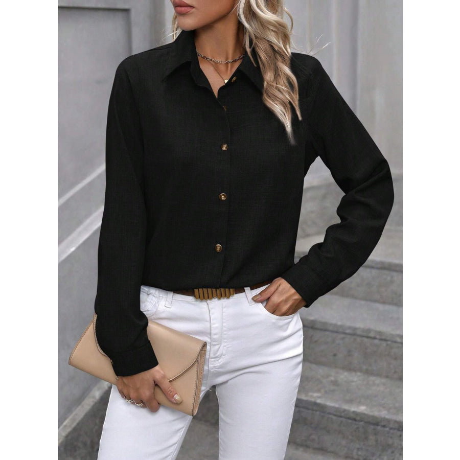 Button Up Collared Neck Long Sleeve Shirt Black / S Apparel and Accessories