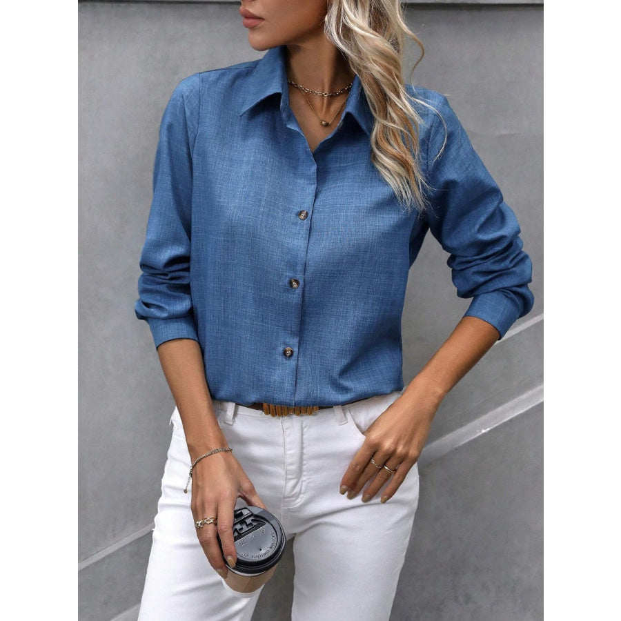 Button Up Collared Neck Long Sleeve Shirt Blue / S Apparel and Accessories