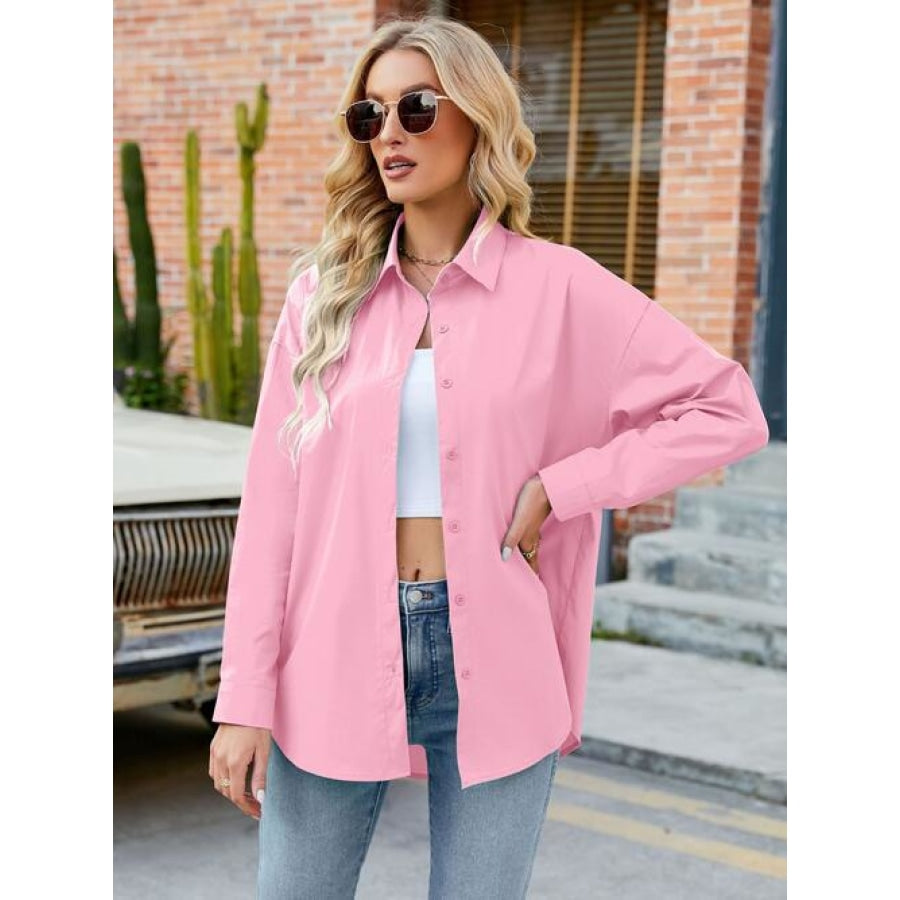 Button Up Collared Neck Long Sleeve Shirt Carnation Pink / S