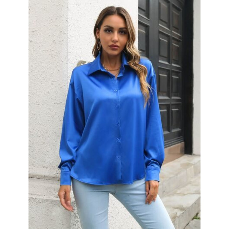 Button Up Collared Neck Long Sleeve Shirt Royal Blue / S Clothing