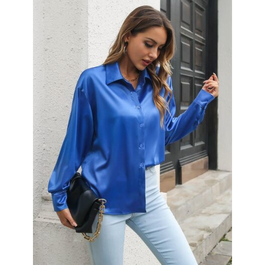 Button Up Collared Neck Long Sleeve Shirt Clothing