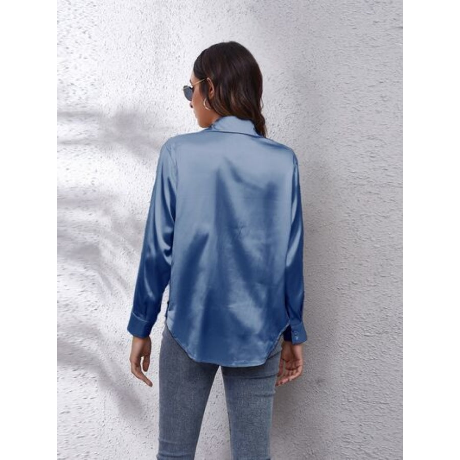 Button Up Collared Neck Long Sleeve Shirt Peacock Blue / S Clothing