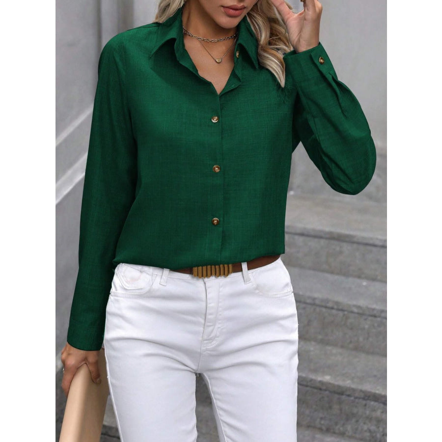 Button Up Collared Neck Long Sleeve Shirt Dark Green / S Apparel and Accessories