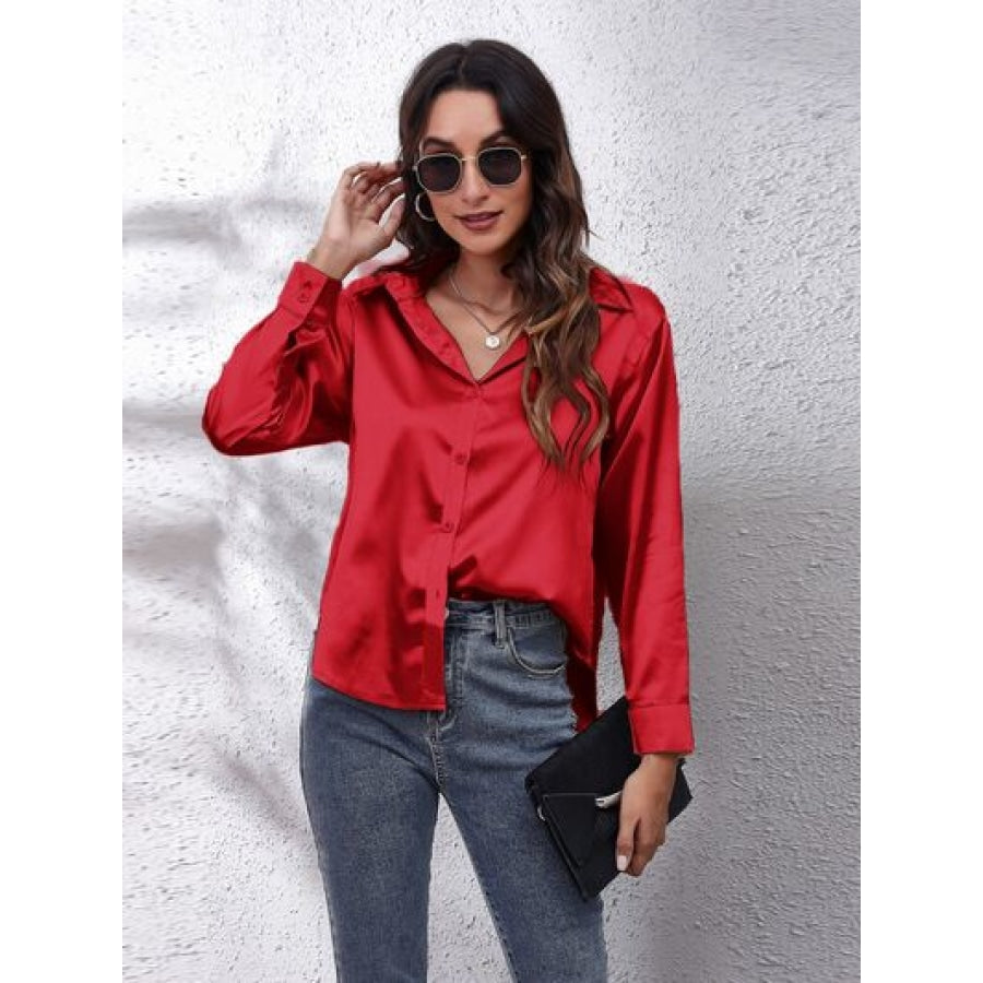 Button Up Collared Neck Long Sleeve Shirt Deep Red / S Clothing