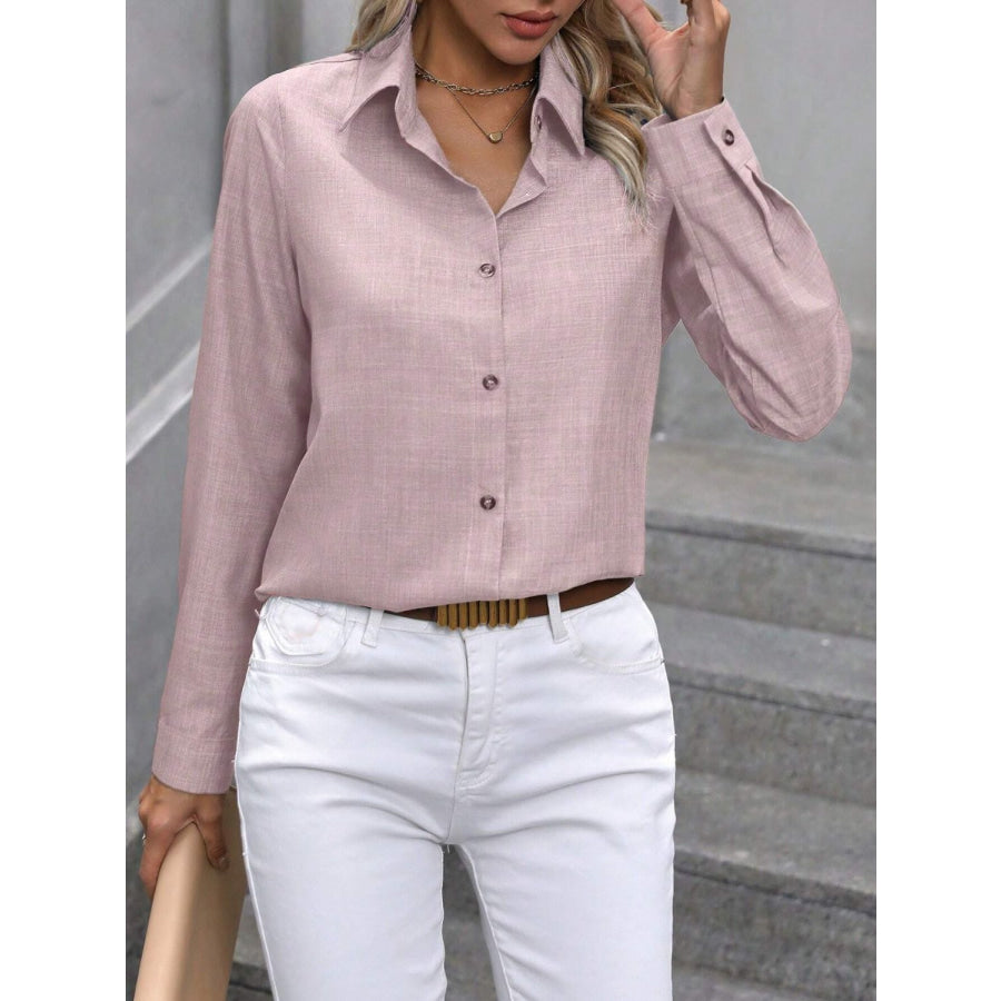 Button Up Collared Neck Long Sleeve Shirt Dusty Pink / S Apparel and Accessories