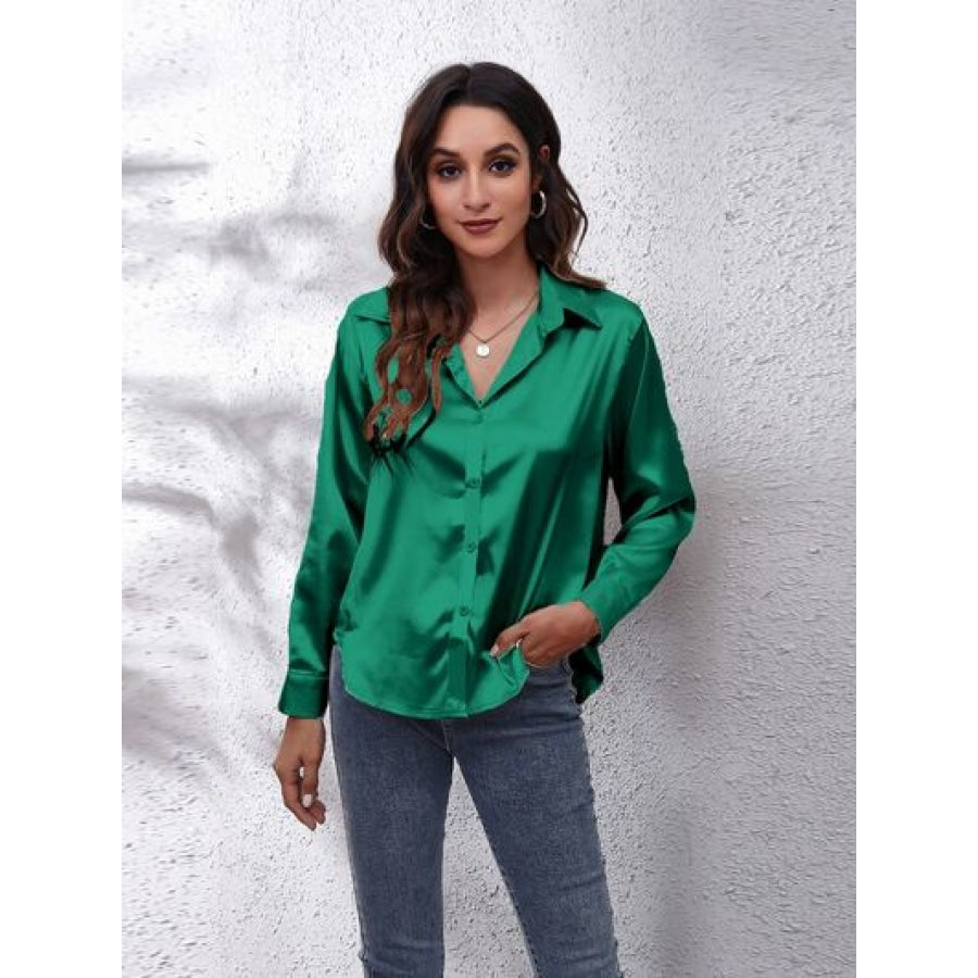 Button Up Collared Neck Long Sleeve Shirt Green / S Clothing